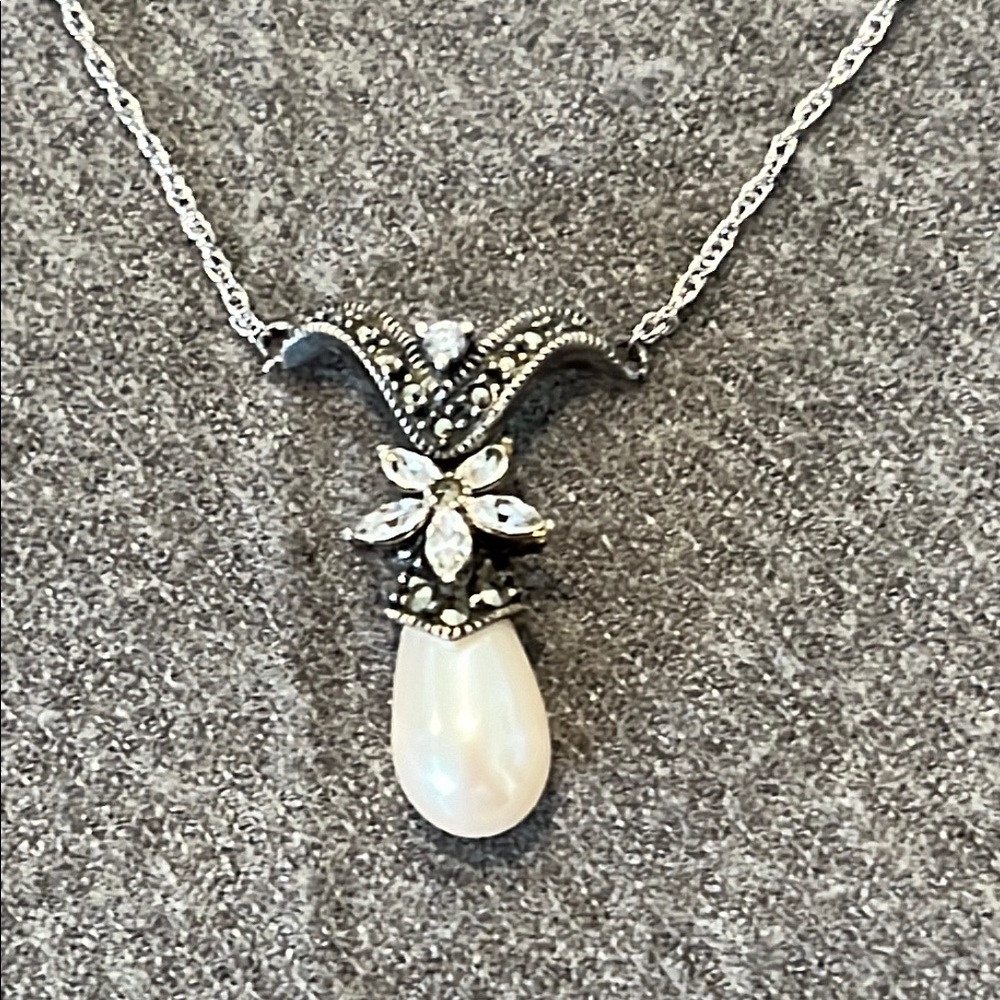 Judith Jack Sterling Marcasite Pearl Necklace-16”